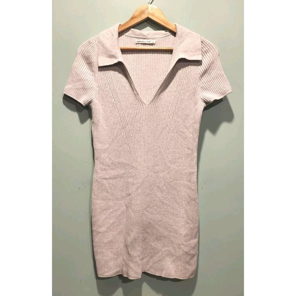 Abercrombie Fitch Y2K Lt Gray Heavy Rib Knit Short Sleeve Collar V Neck Dress Lg